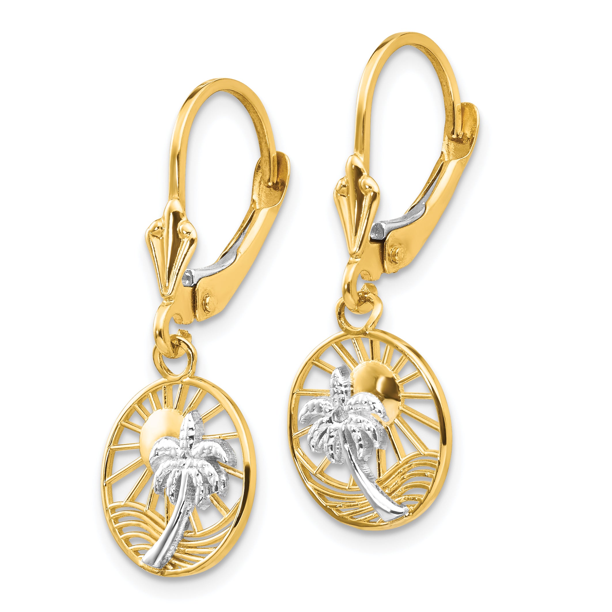 14K Gold & Rhodium Palm Tree Leverback Earrings Polished Dangle Design