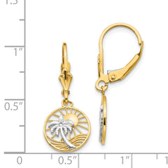 14K Gold & Rhodium Palm Tree Leverback Earrings Polished Dangle Design