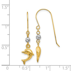 14K Two-Tone Gold Dolphin Dangle Earrings with Polished Finish