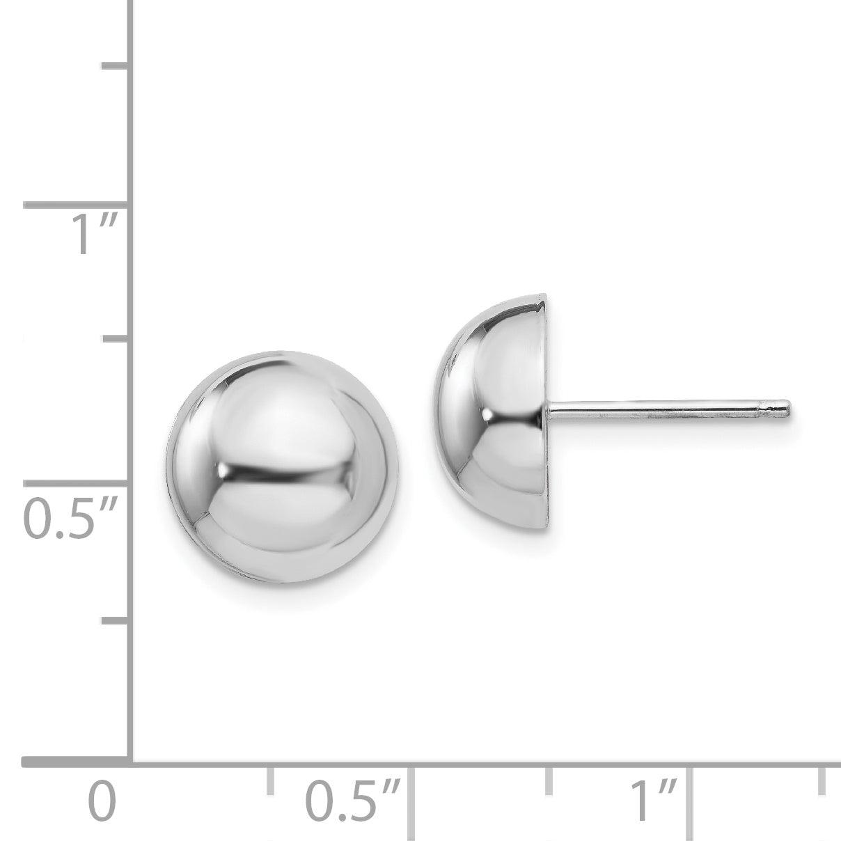 14K White Gold Half Ball Post Earrings with Polished Rhodium Finish 10mm