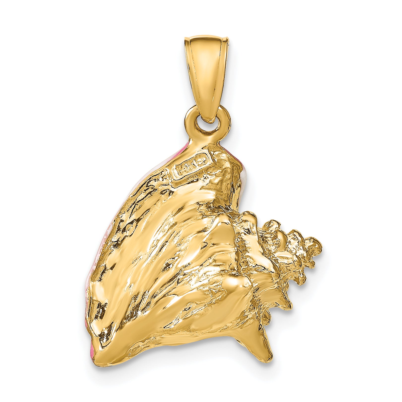 14K Gold Polished 3D Pink & White Enameled Conch Shell Pendant