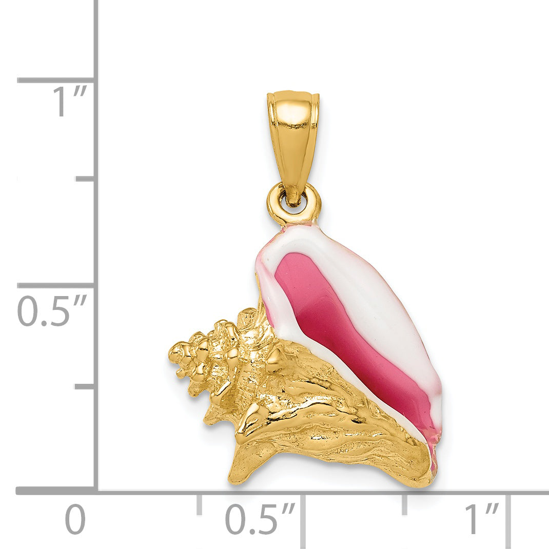 14K Gold Polished 3D Pink & White Enameled Conch Shell Pendant