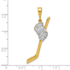 14K Gold and Rhodium Hockey Stick Pendant for Men Solid Polished Textured Charm