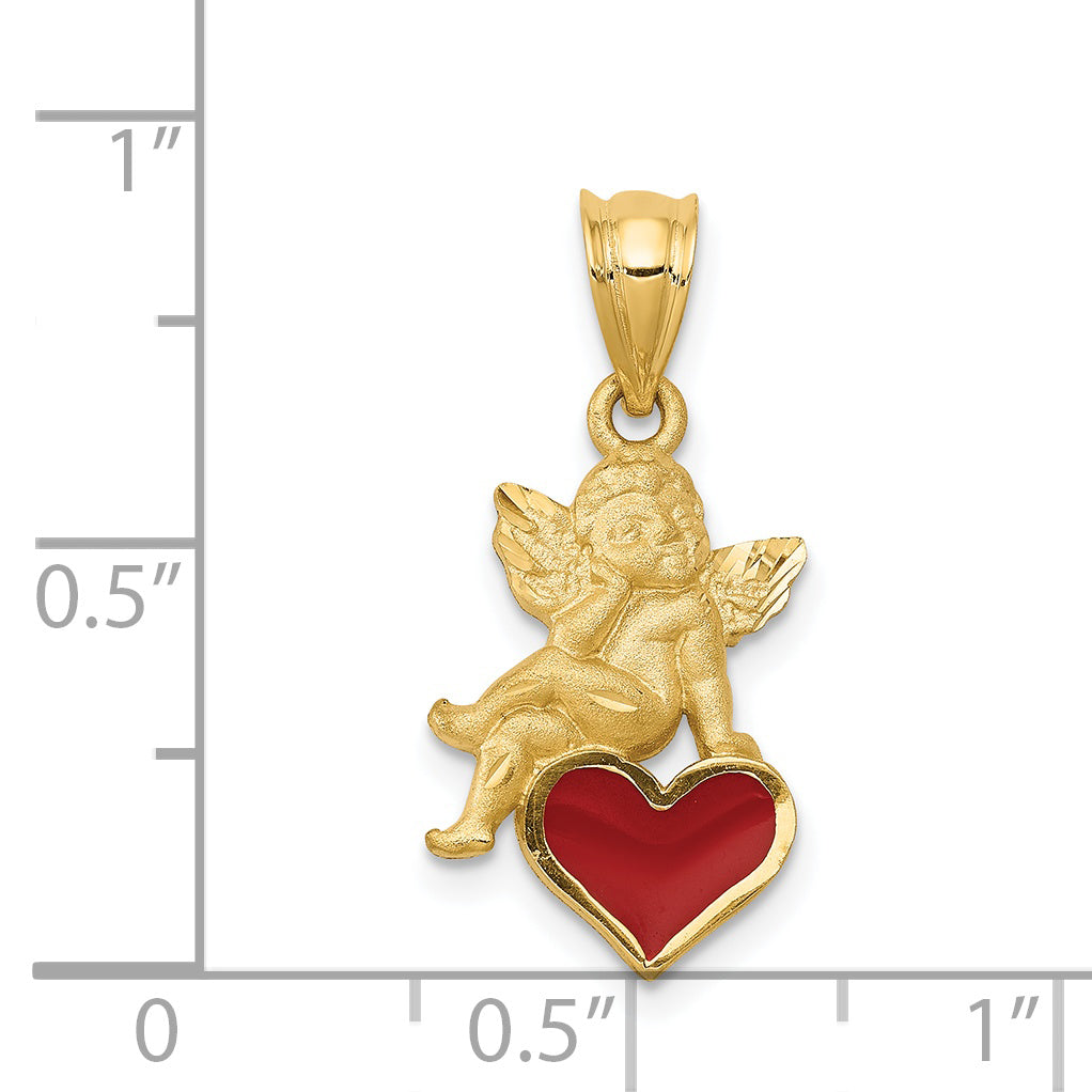 14K Gold Enameled Angel on Heart Pendant with Red Accents Elegant & Timeless