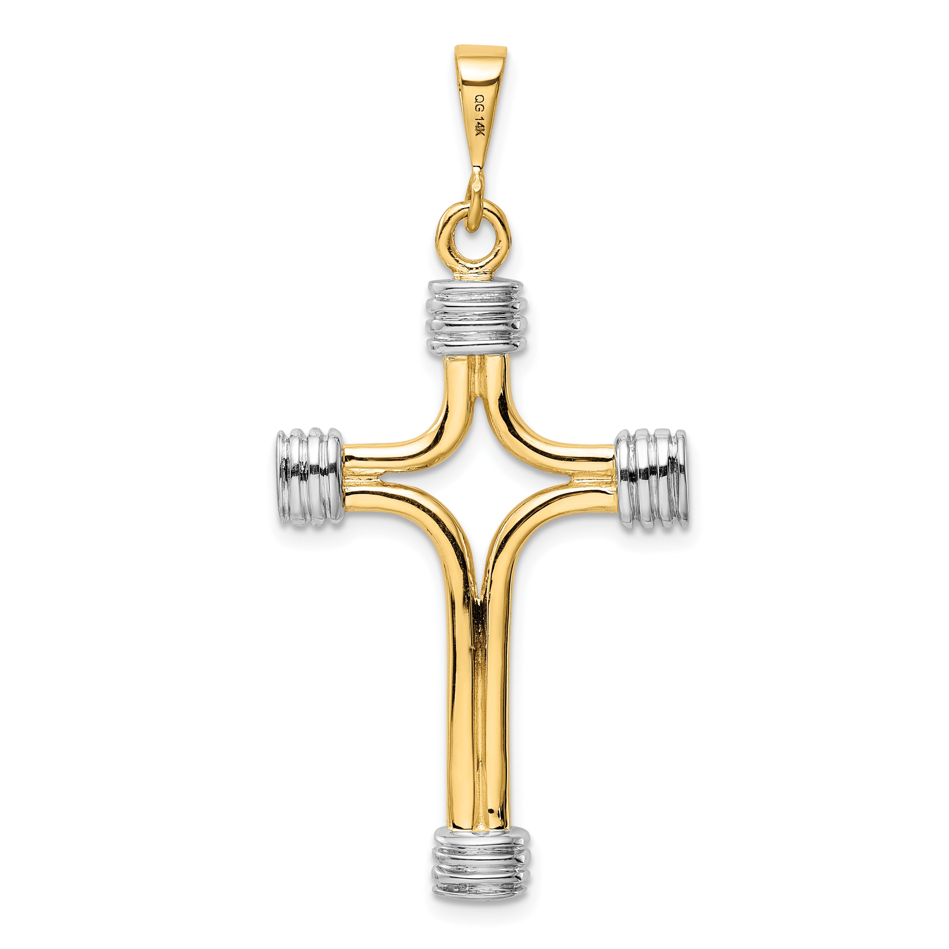 14K Gold and Rhodium Fancy Cross Pendant, Reversible Polished Design