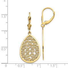 14K Gold Teardrop Filigree Dangle Earrings with Polished Leverback Closure