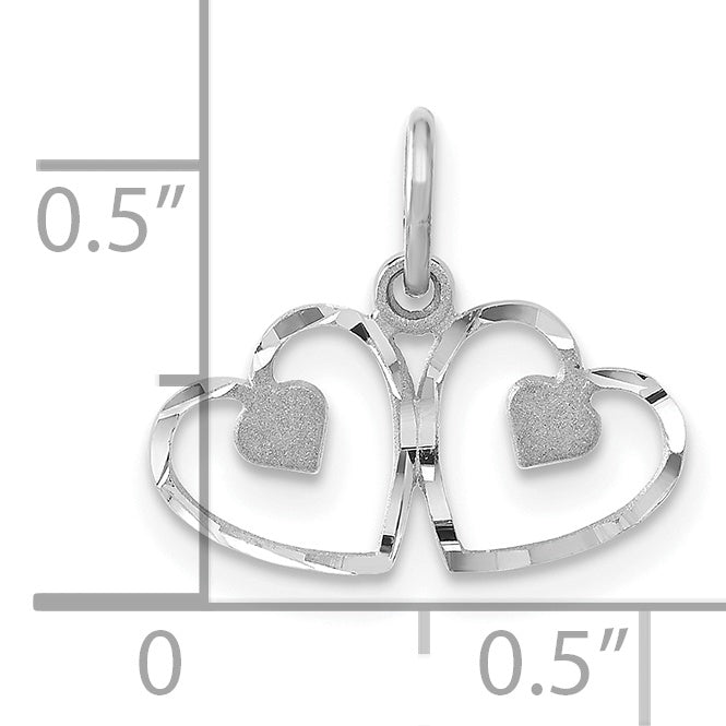 14k White Gold Satin And Diamond-cut Double Heart Charm