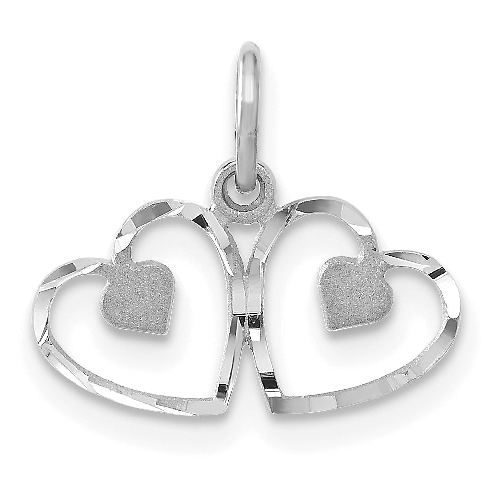 14k White Gold Satin And Diamond-cut Double Heart Charm