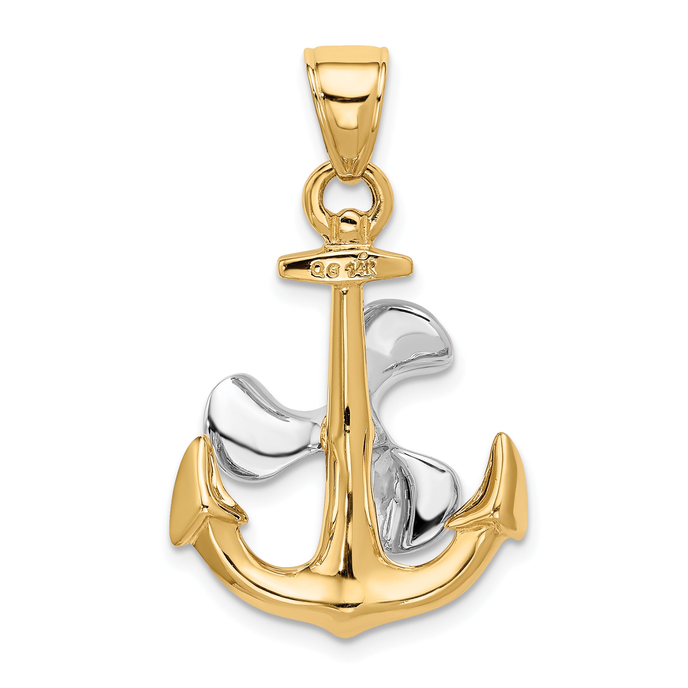 14K Two-Tone Gold 3D Anchor Pendant with Moveable Propeller for Men