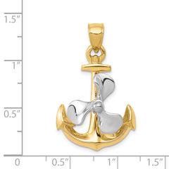 14K Two-Tone Gold 3D Anchor Pendant with Moveable Propeller for Men