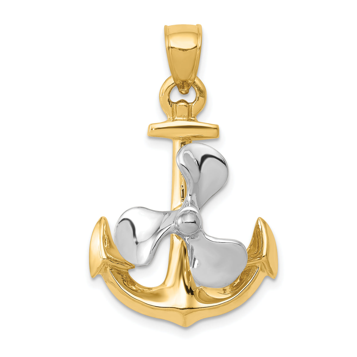 14k Two-tone 3-D Anchor w/Moveable Propeller Pendant