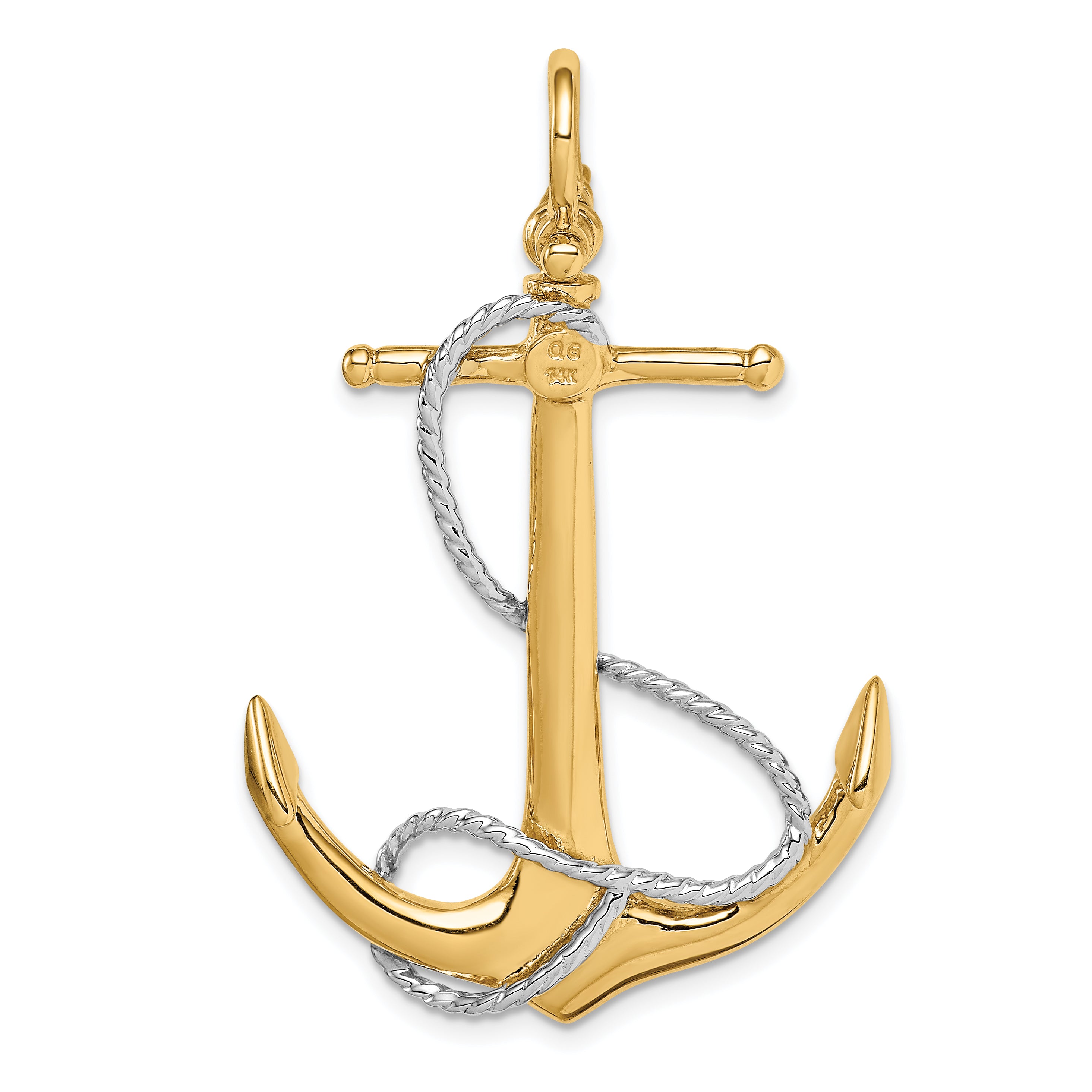 14K Two-Tone Gold 3D Anchor Pendant with Rope Accent for Men