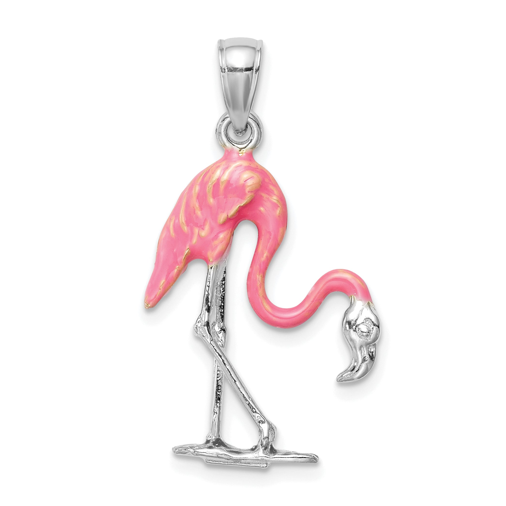 14K White Gold Enameled 3-D Pink Flamingo Pendant