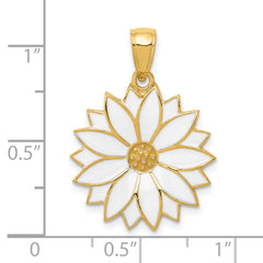 14K Gold Enameled White Daisy Flower Pendant  Elegant Textured Design