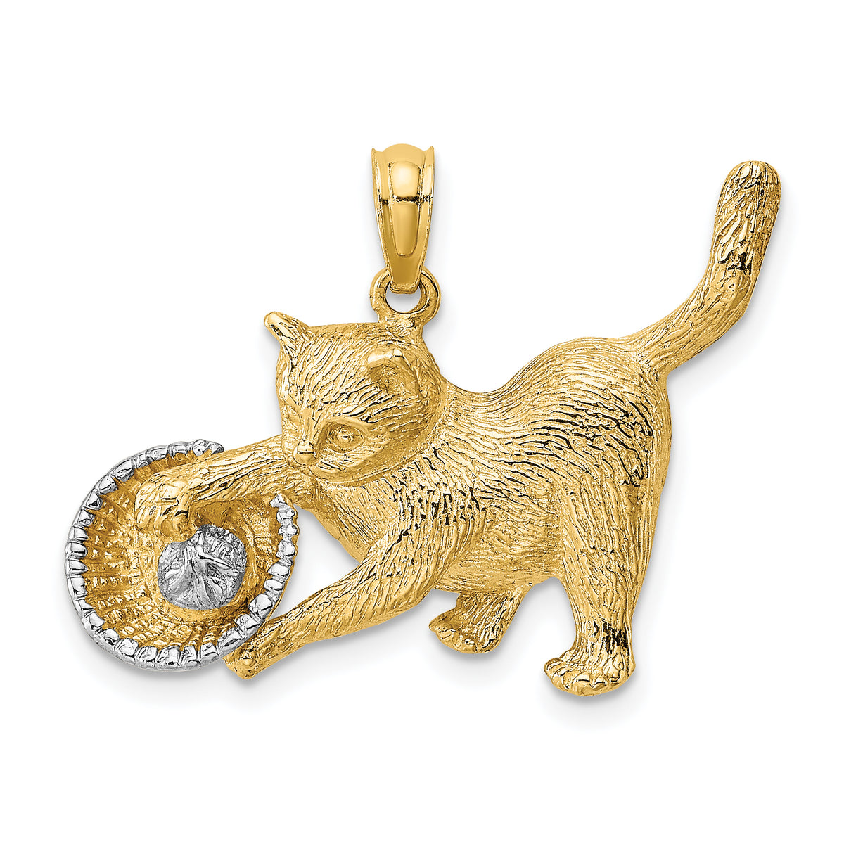 14k Rhodium Cat Playing with Yarn in Basket Charm