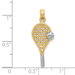 "14K Gold Tennis Racquet Pendant with Rhodium Accent – Polished, Men's Charm"