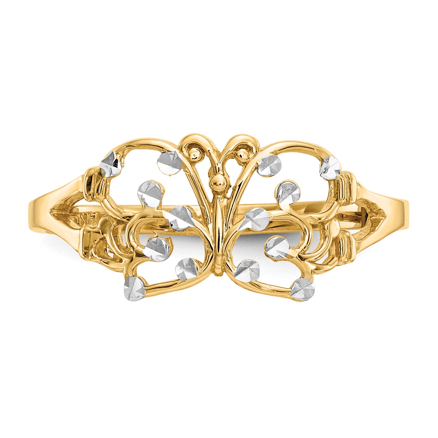 14k With Rhodium Diamond-cut Butterfly Ring