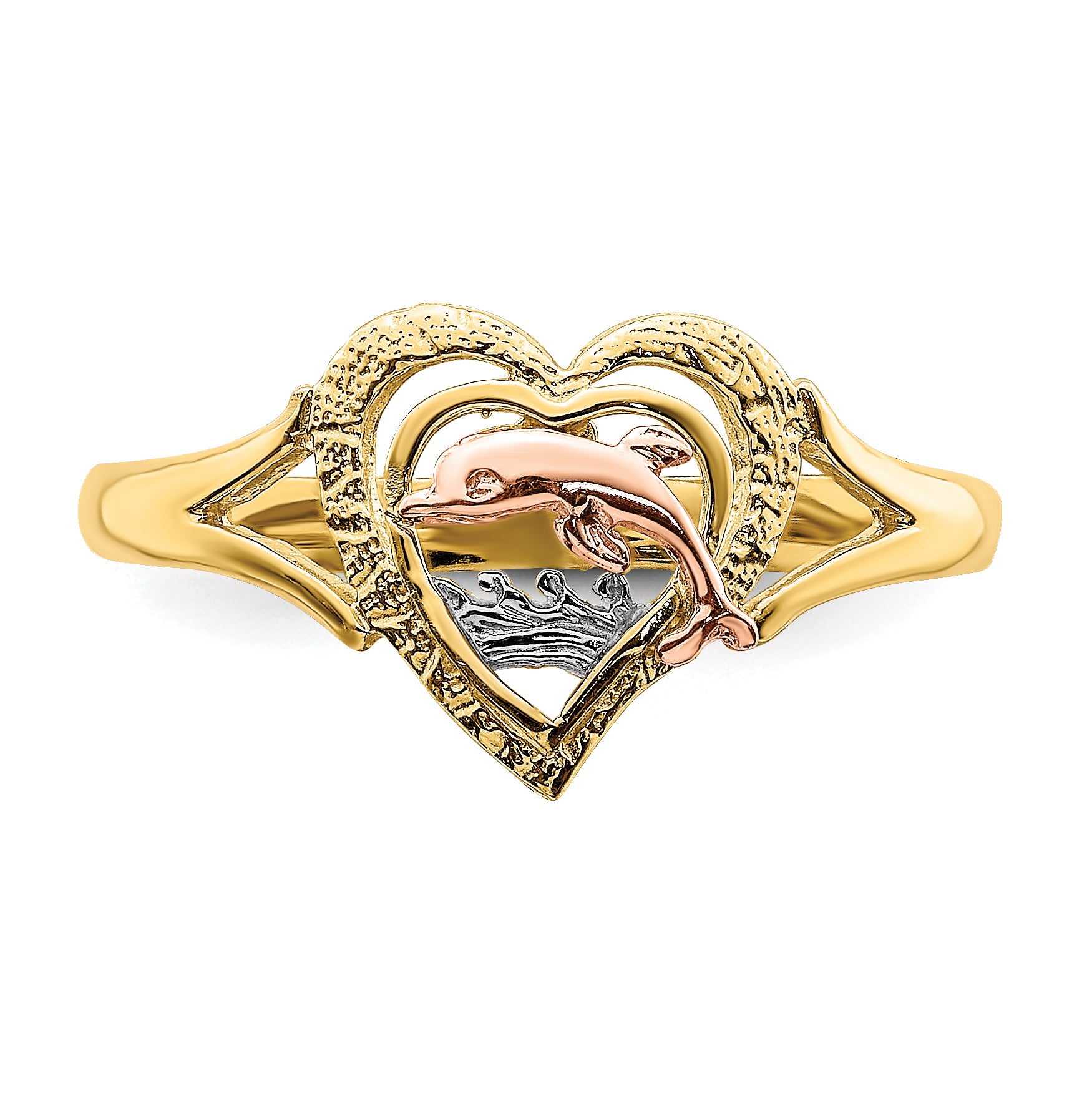 14K Yellow and Rose Gold WithRhodium Dolphin In Heart Ring