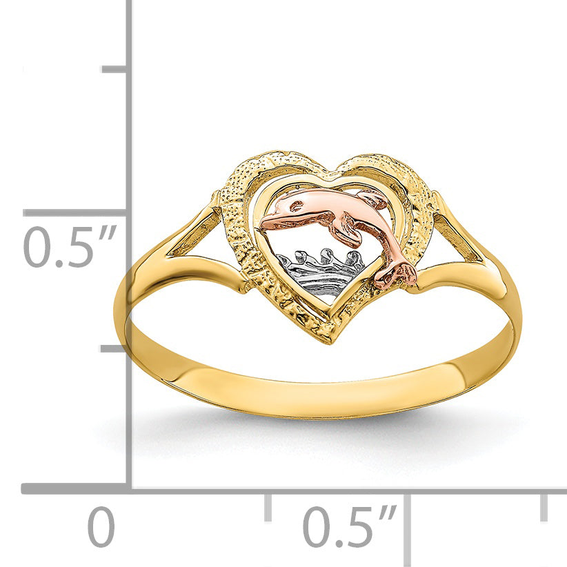 14K Yellow and Rose Gold WithRhodium Dolphin In Heart Ring