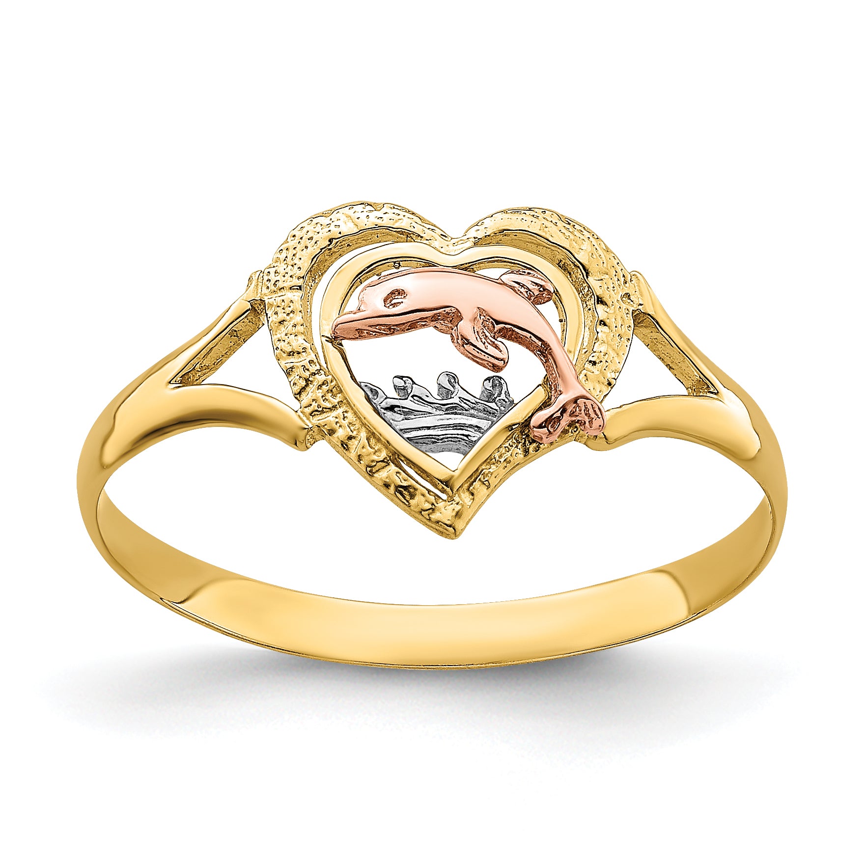 14K Yellow and Rose Gold WithRhodium Dolphin In Heart Ring