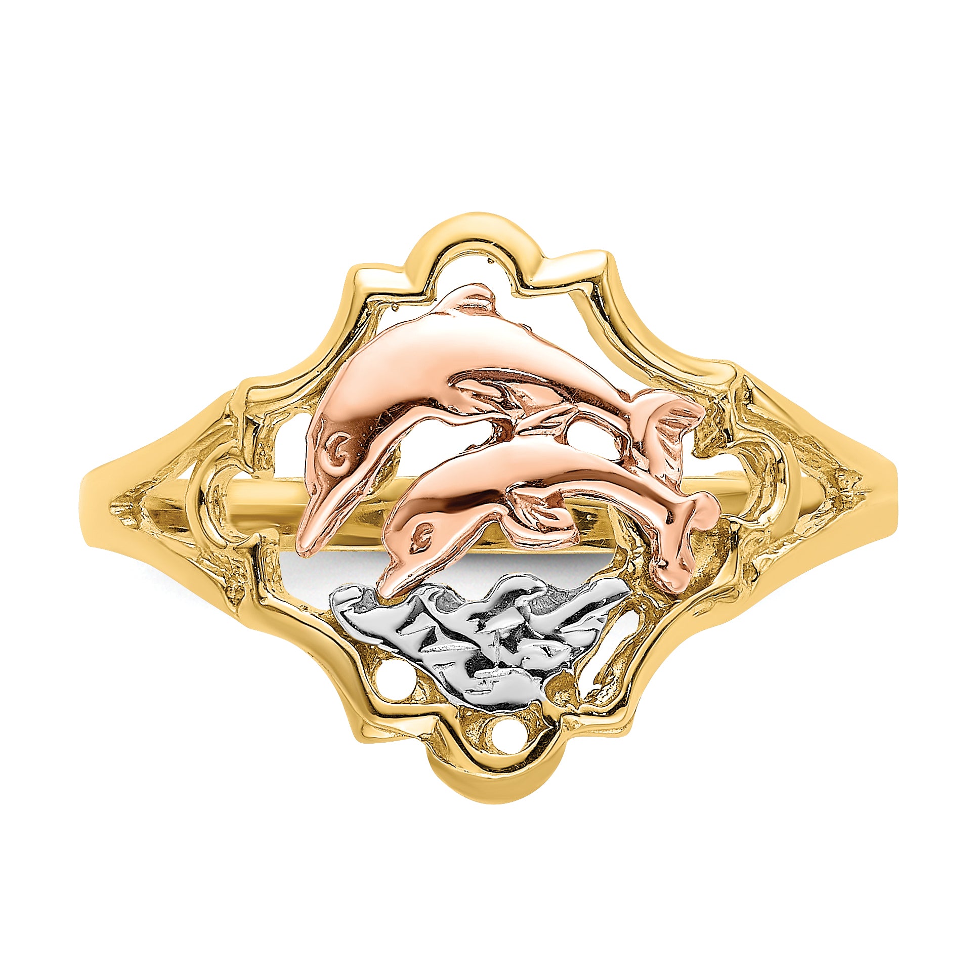 14K Yellow and Rose Gold WithRhodium Double Dolphin Ring