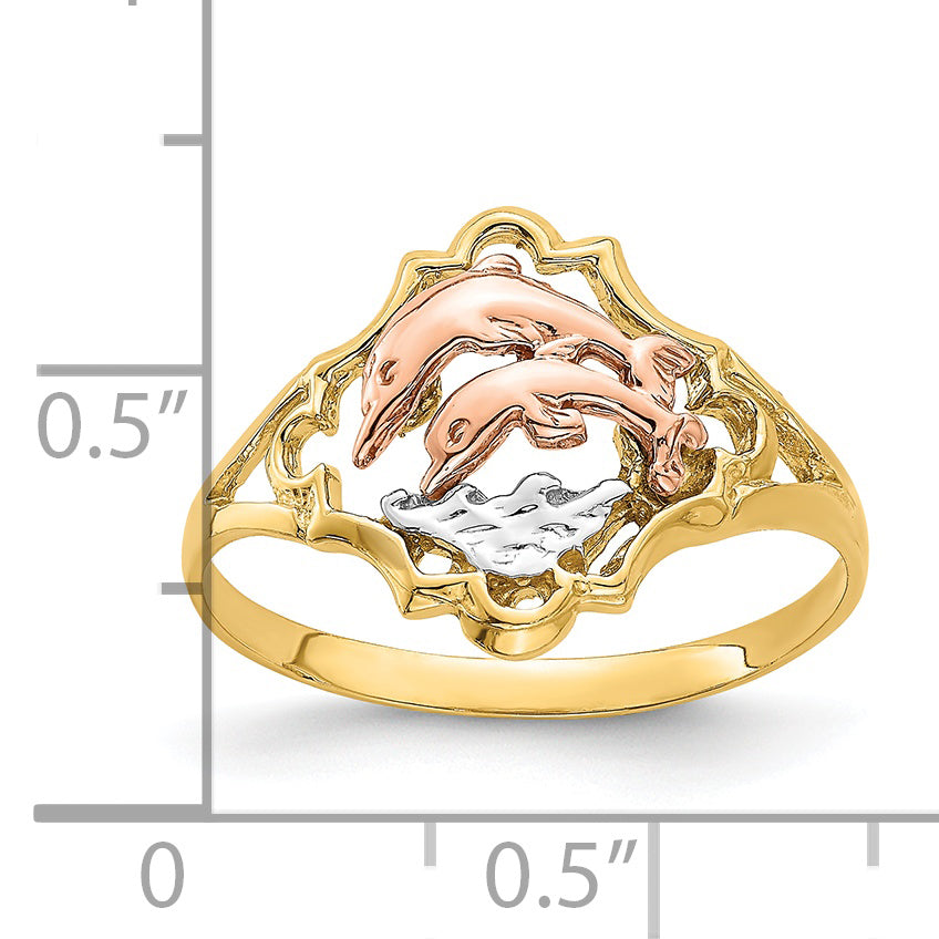 14K Yellow and Rose Gold WithRhodium Double Dolphin Ring