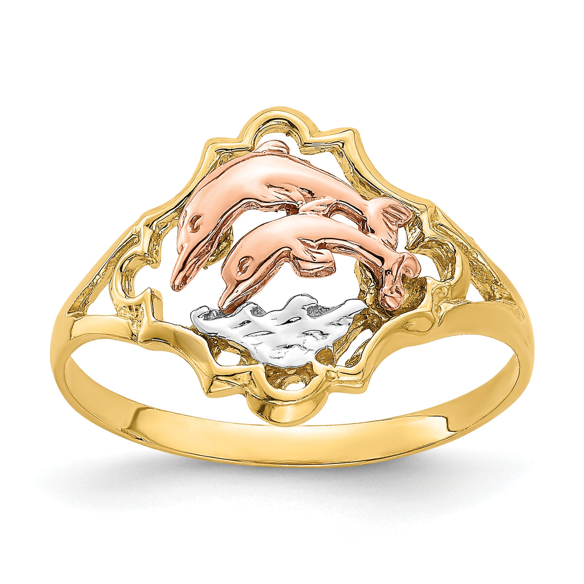 14K Yellow and Rose Gold WithRhodium Double Dolphin Ring