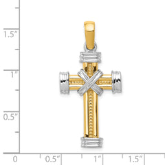 14K Two-Tone Gold Latin Cross Pendant with Polished Beaded Texture