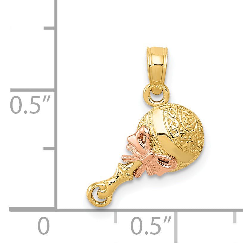 14K Two-Tone Gold Baby Rattle Pendant Elegant Keepsake Charm