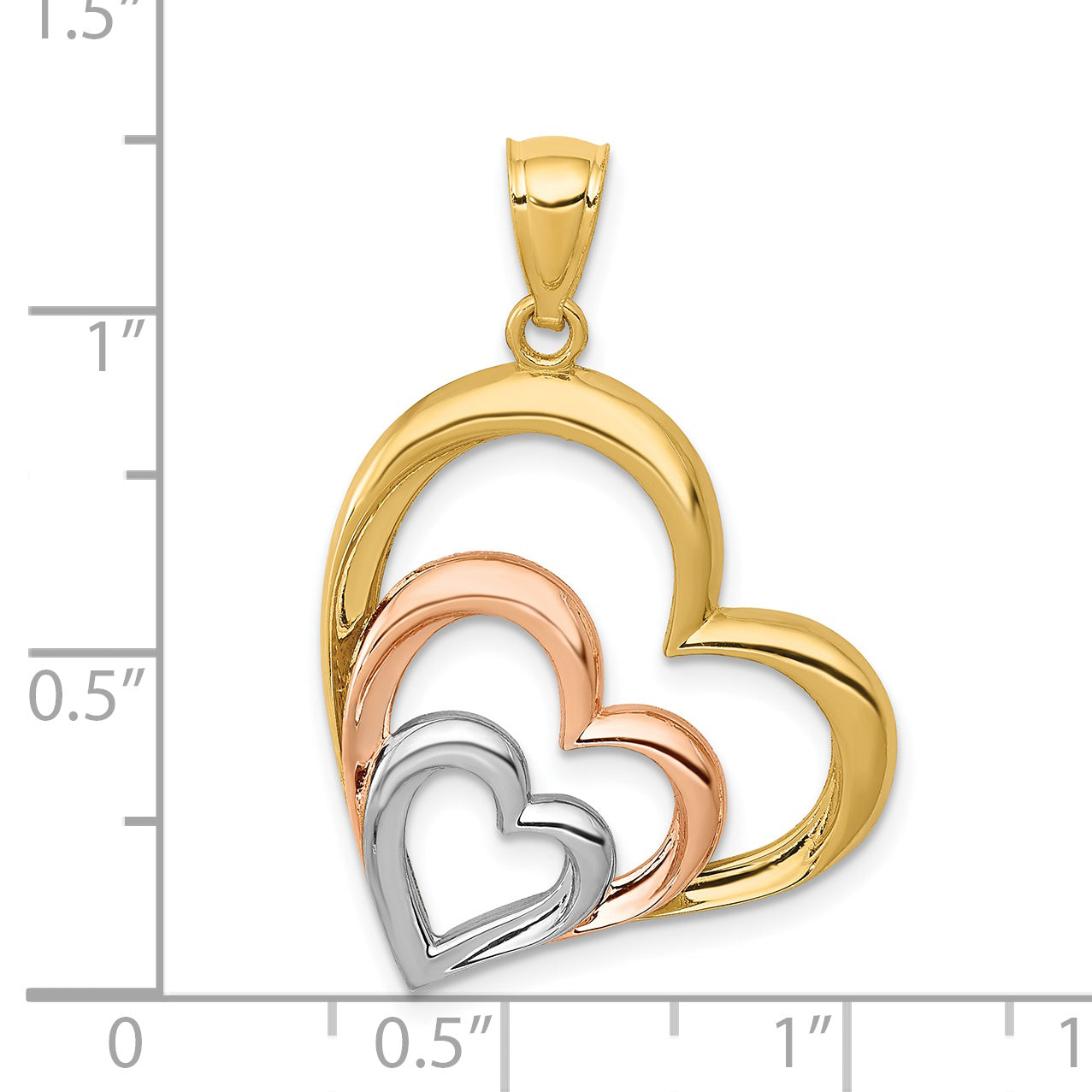 14K Two-Tone Gold 3 Hearts Pendant with Polished White Rhodium Finish