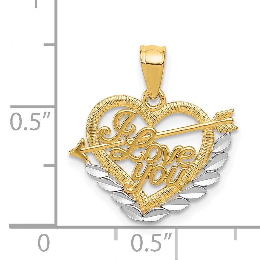 14K Gold and Rhodium Heart Pendant with Polished Diamond-Cut Finish