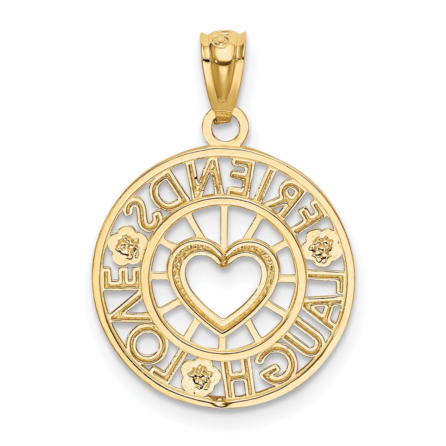 14K Gold and Rhodium Circle Pendant with Diamond-Cut Laugh Love Design