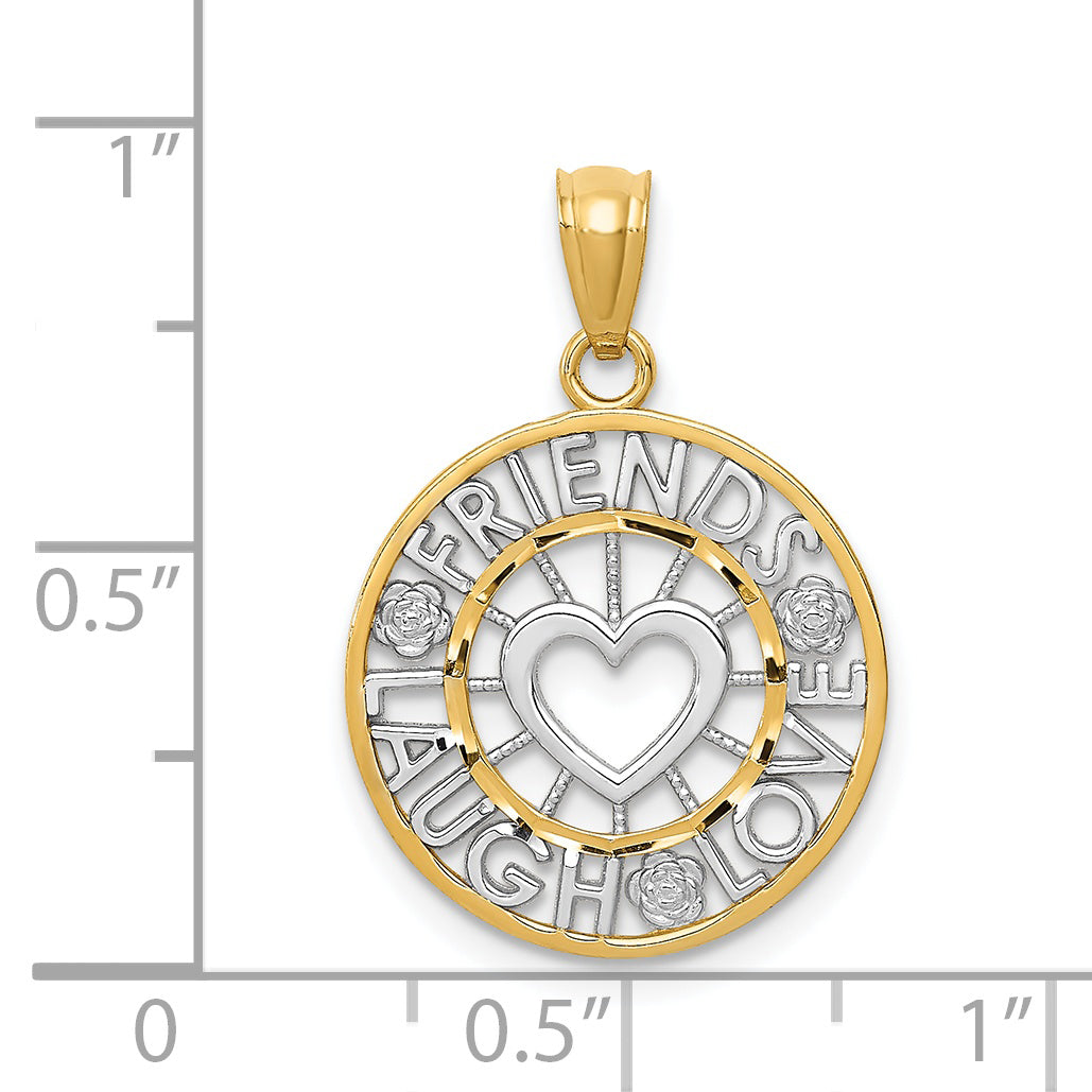 14K Gold and Rhodium Circle Pendant with Diamond-Cut Laugh Love Design