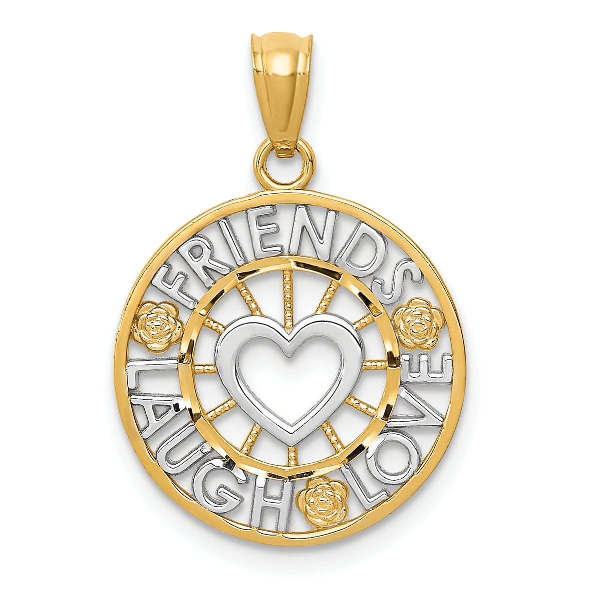 14k and Rhodium Friends, Laugh, Love Circle Pendant