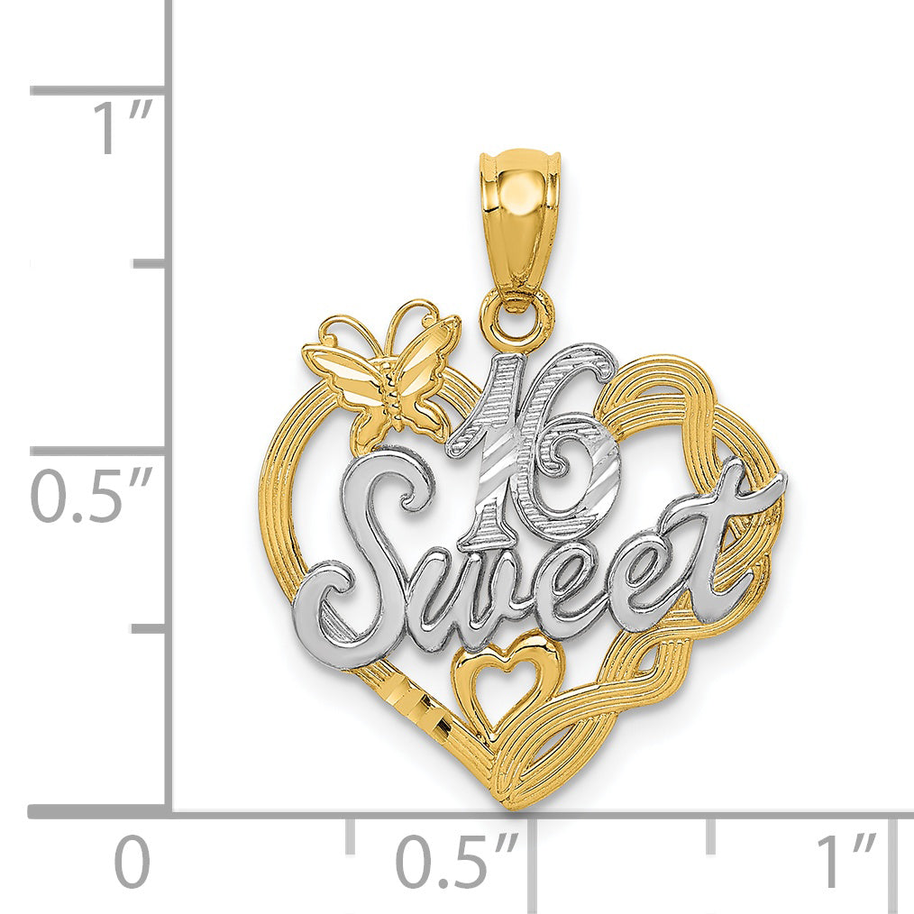 14K Gold and Rhodium Sweet 16 Pendant with Diamond-Cut Polished Finish