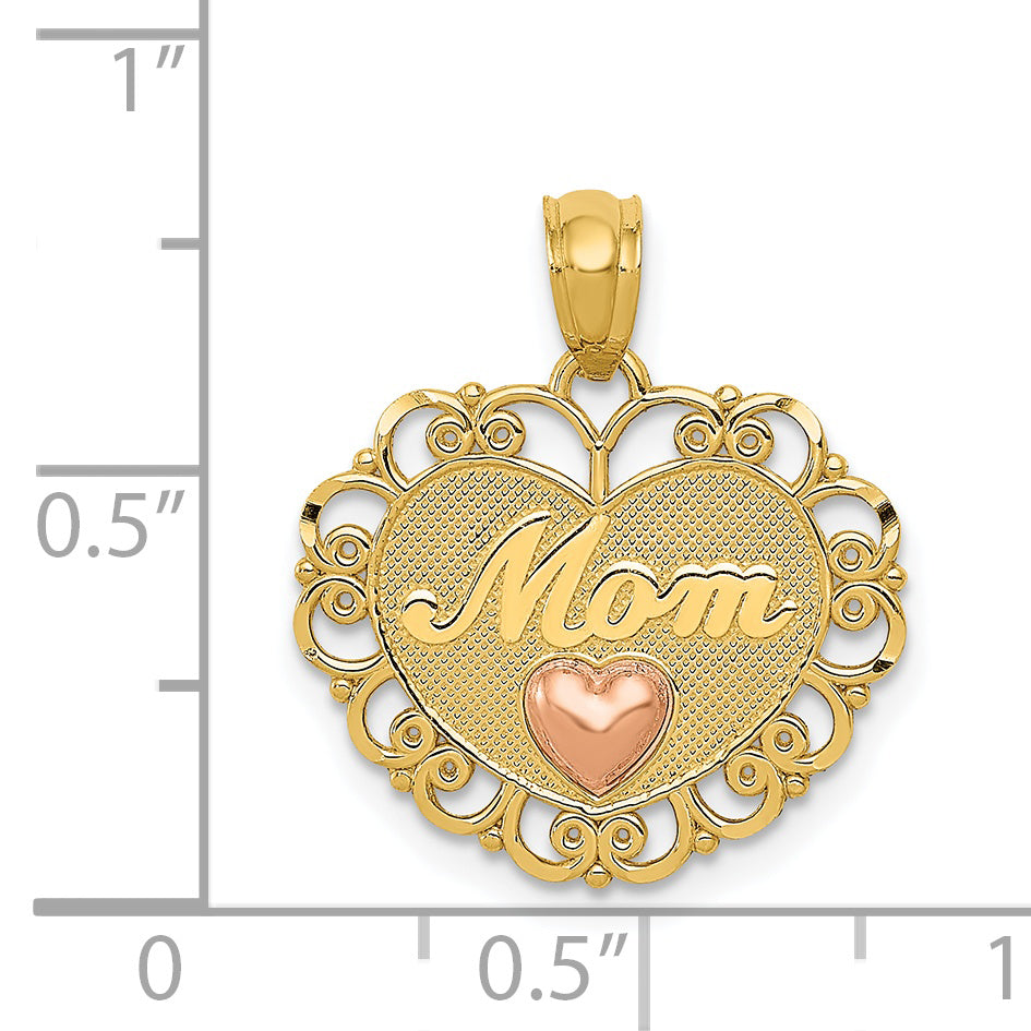 14K Two-Tone Gold MOM Heart Pendant with Polished Finish Elegant Gift