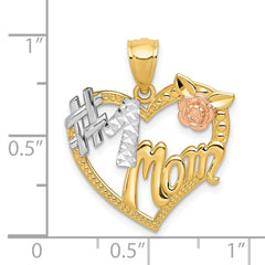 14K Two-Tone Gold #1 MOM Heart Pendant with White Rhodium Accents