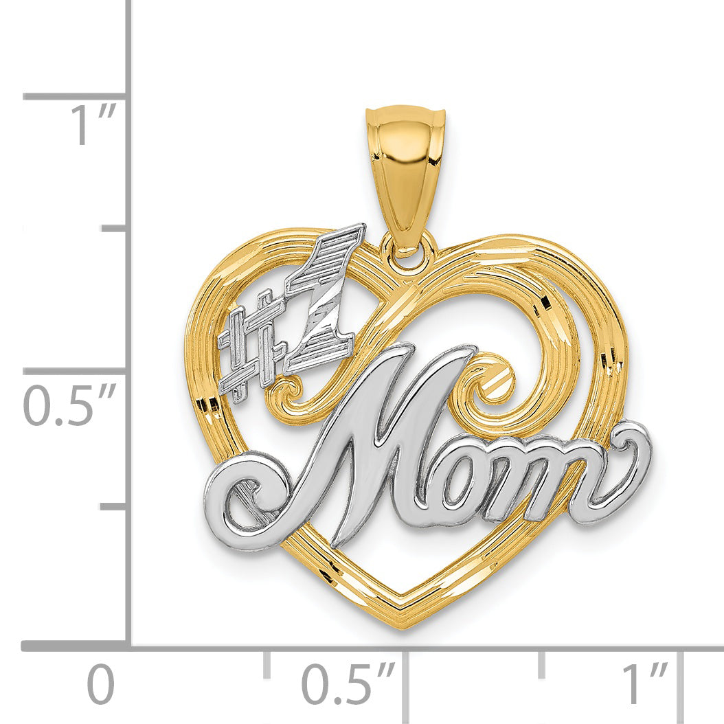 14K Gold and Rhodium Heart Pendant with #1 MOM Design, Polished Finish