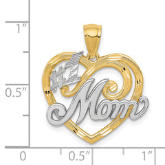 14K Gold and Rhodium Heart Pendant with #1 MOM Design, Polished Finish