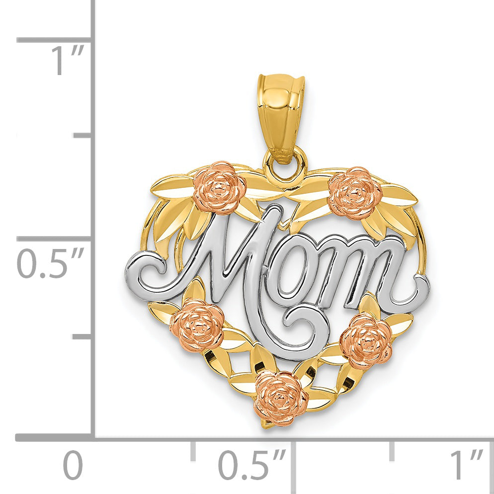 14K Two-Tone Gold MOM Heart Pendant with White Rhodium Accent Polished Finish