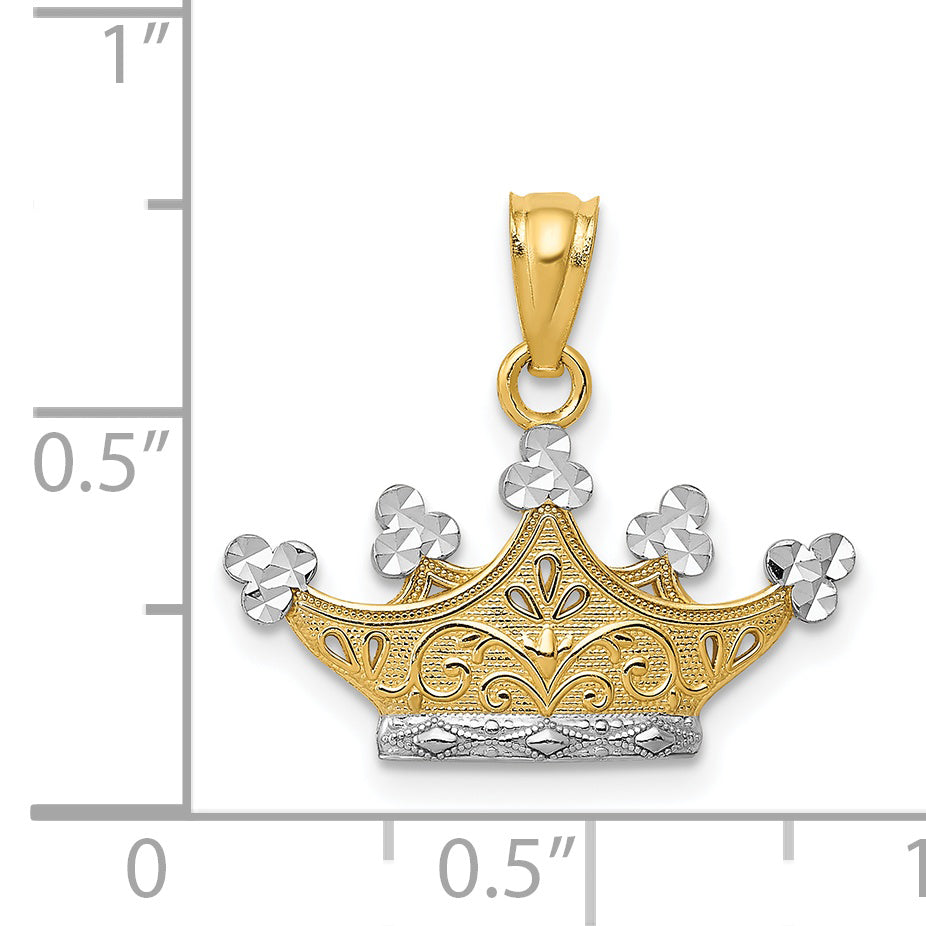 14K Gold and Rhodium Crown Pendant with Polished Diamond-Cut Finish