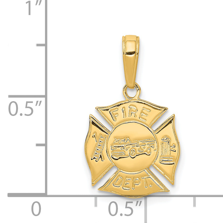 14K Gold Fire Dept Shield Pendant, Polished Solid Design