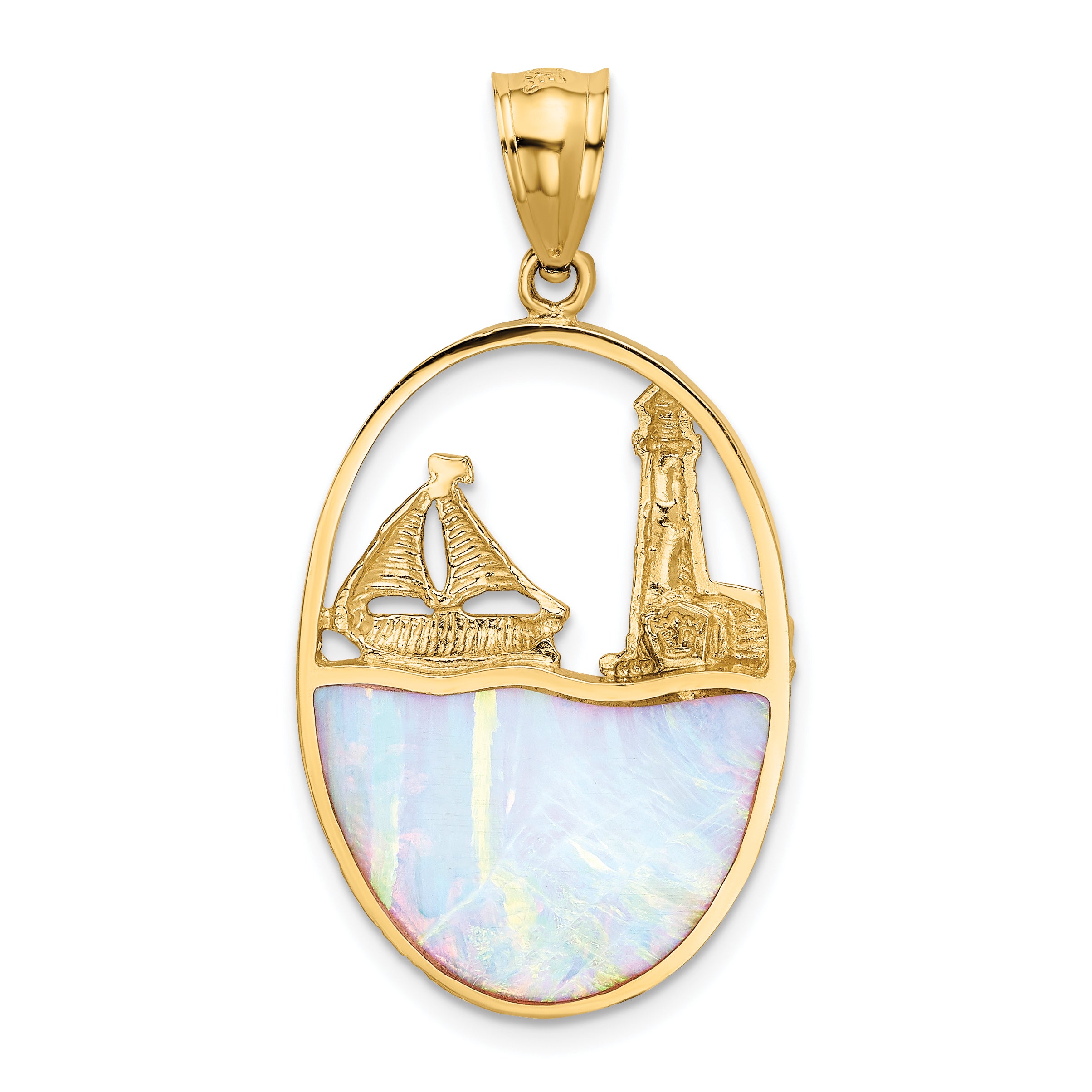 14K Lab Created Opal Lighthouse Sailboat Pendant