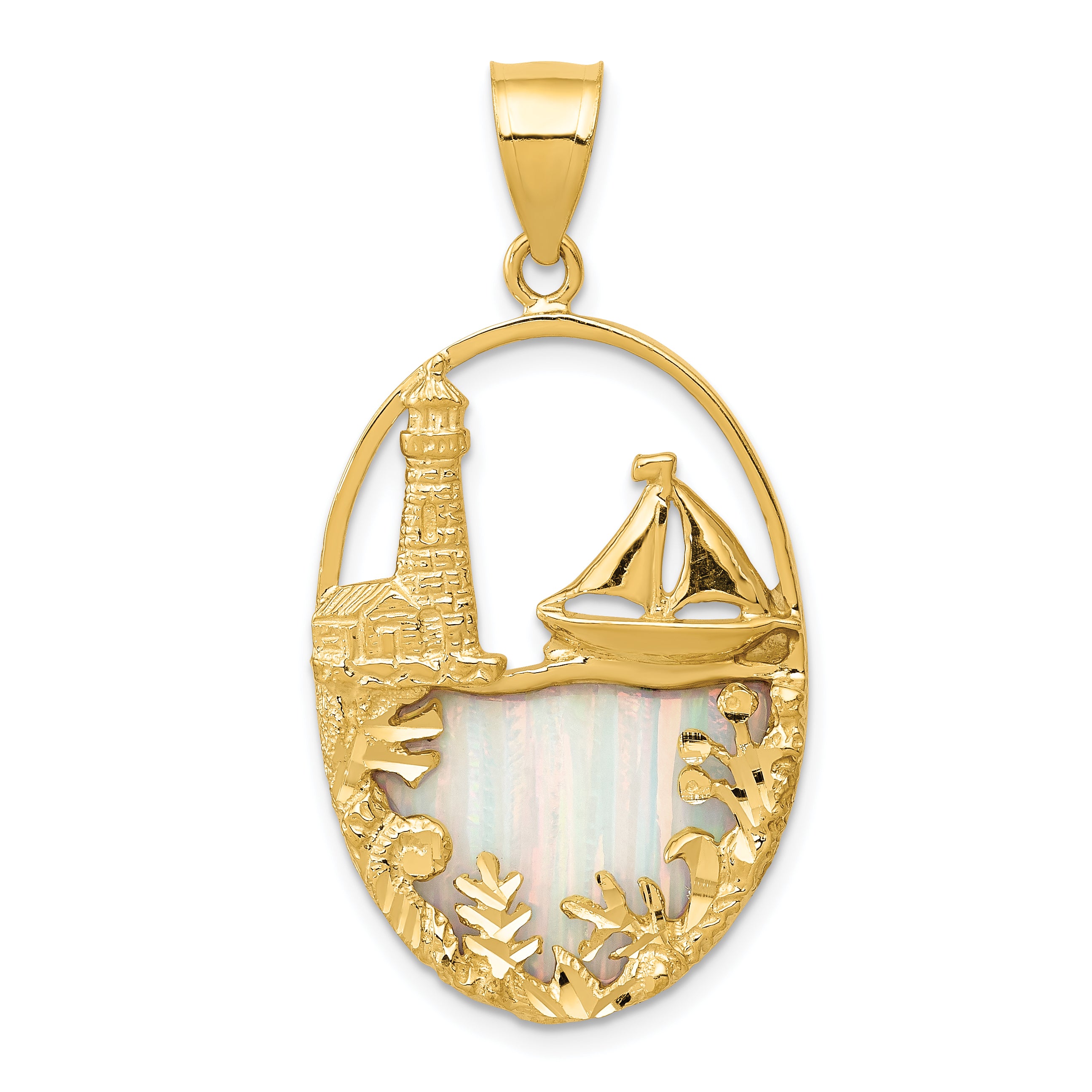 14K Lab Created Opal Lighthouse Sailboat Pendant