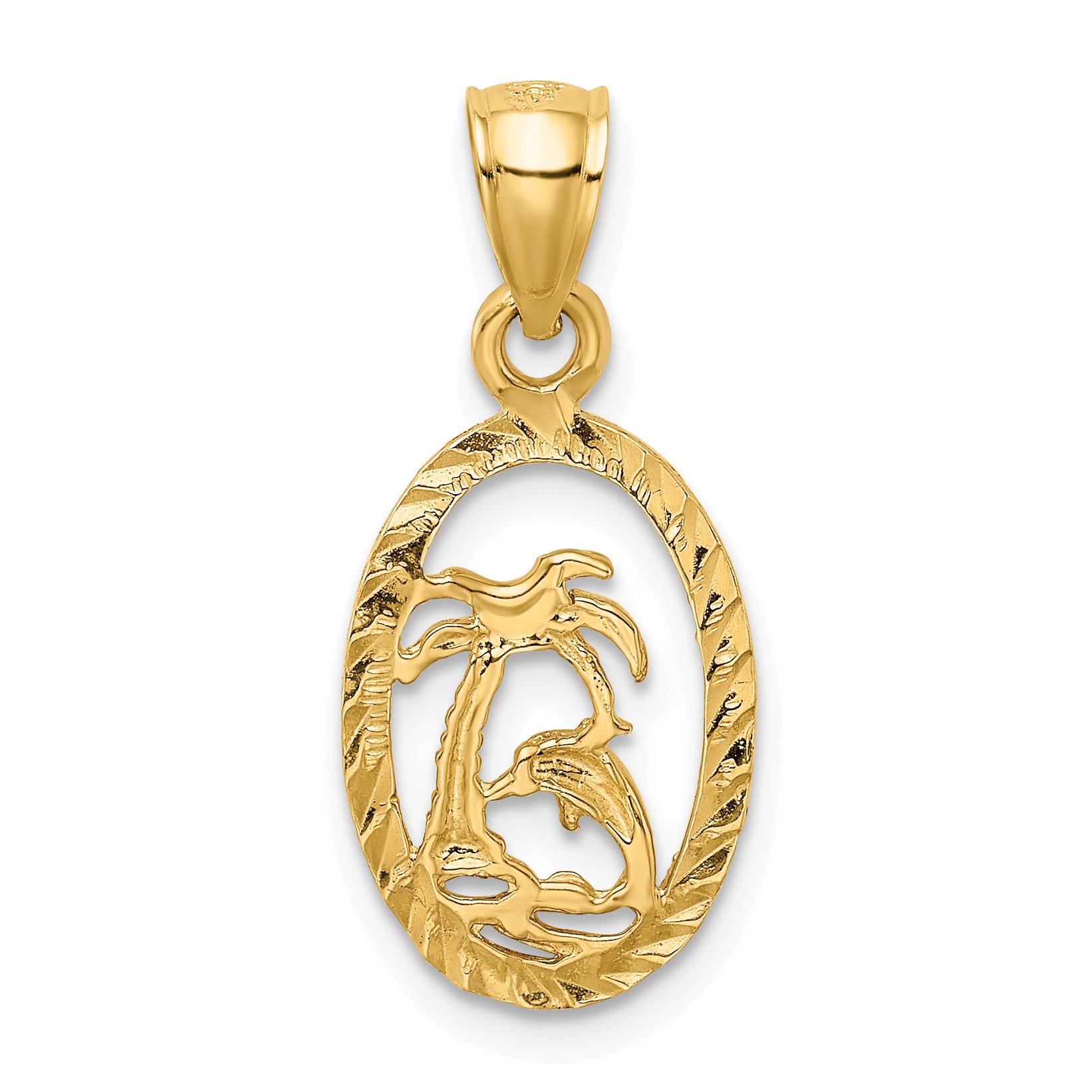 14K Gold Dolphin and Palm Tree Pendant, Solid Casted, Tropical Theme