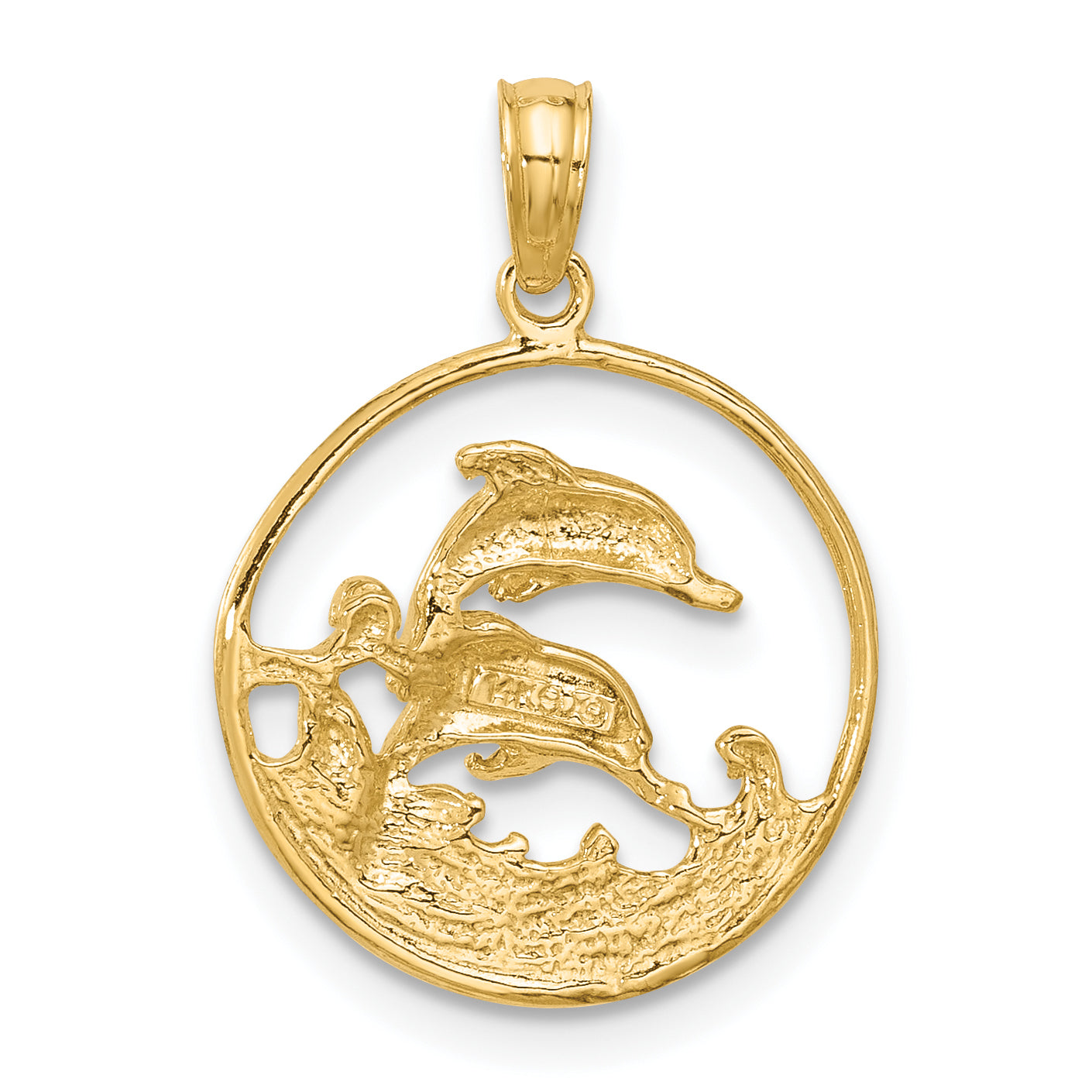 14K Gold Double Dolphin Circle Pendant with Solid Cast Design