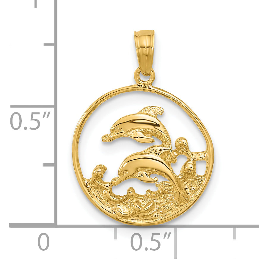 14k Double Dolphin Circle Pendant