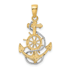 14K Gold and Rhodium Anchor Pendant with Rope Design Men's Solid Charm