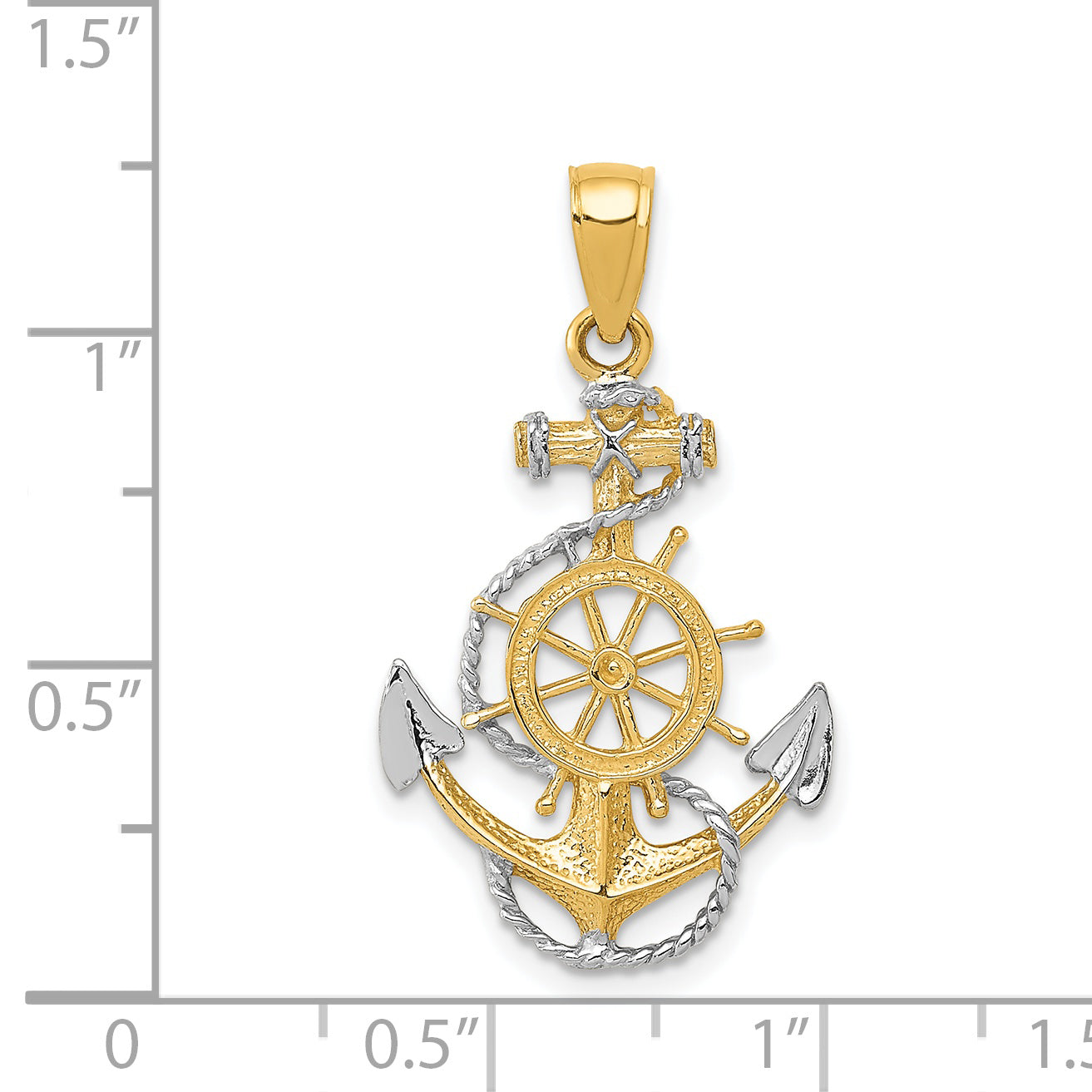 14K Gold and Rhodium Anchor Pendant with Rope Design Men's Solid Charm