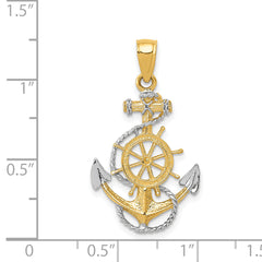 14K Gold and Rhodium Anchor Pendant with Rope Design Men's Solid Charm